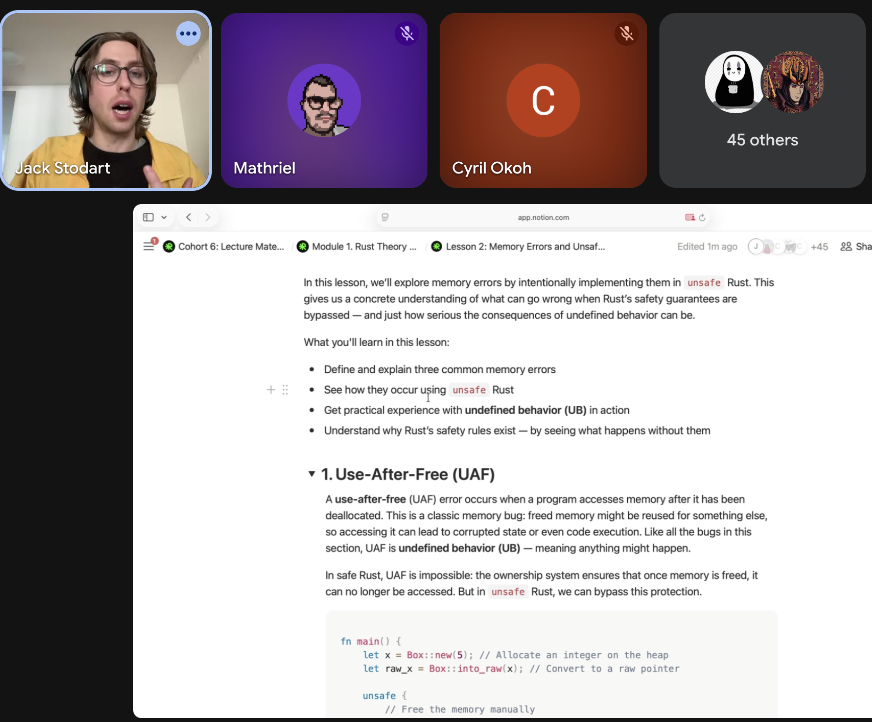 RoulDebajit's tweet photo. Day 3 of week 1 in @rektoff_xyz .
Jack discussed about unsafe rust and memory errors today.
It is quite interesting to go one level deeper and visualize what actually going under the hood while we write rust. https://t.co/8hZYl169Yw