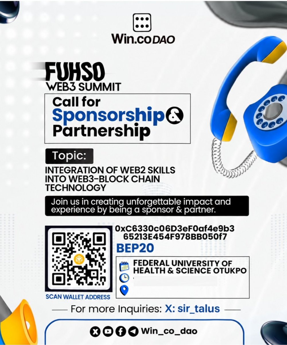Sir_Talus's tweet photo. ๐ข CALL FOR SPONSORS & PARTNERS
Windotco DAO presents FUHSO WEB3 SUMMIT
Topic: Integrating WEB2 Skills into WEB3
Join us at FUHSO, Otukpo to create real impact.
Be a sponsor, be part of history.
Inquiries: @sir_talus
#FUHSO #Web3Summit #WinCoDAO https://t.co/b0FJqnvTxc