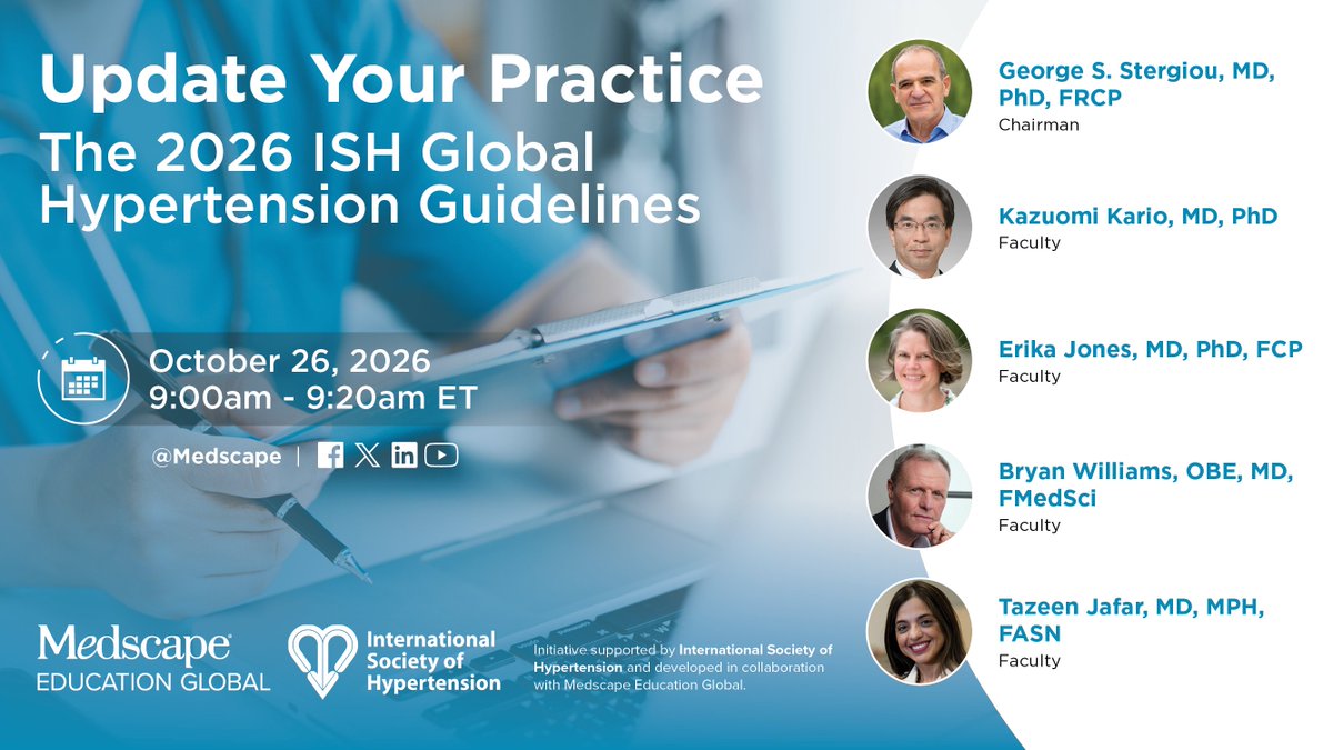 ISHBP's tweet photo. Join this session on Monday 26 October via @Medscape  social media channels for an overview of what's in the ISH's 2026 Global Hypertension Practice Guidelines, being published this weekend at our Scientific Meeting in Dubai. https://t.co/JDqUzsipN9
