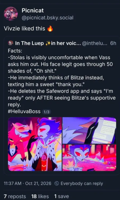 SoftFurSunlight's tweet photo. "Maybe Viv's playing 4D chess! Maybe Stolas is meant to be an unlikeable asshole and Stolitz is meant to be toxic!"

Sorry, folks. Maybe in another life. https://t.co/R9TsTrk6x2