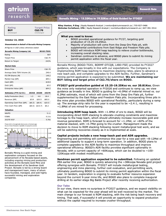 Atrium_Research's tweet photo. Our team has published a research note on @BorealisMining. BOGO provided operational guidance for FY/27, targeting gold production of 15.25-19.25Koz. Majority of production will come from the Deep Ore Flats pit, with supplemental contributions from East Ridge and Freedom Flats pits. $BOGO.V 

🔍 Read the full report below!

📰 Disclosure: Disseminated on Behalf of Borealis Mining