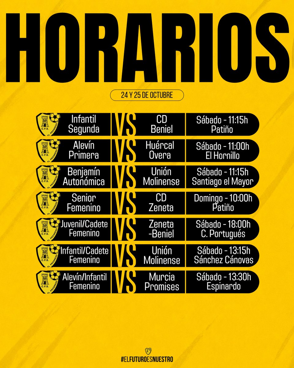 cfprogreso's tweet photo. 💛 Los horarios del finde.

¡Juntos/as a por todas! 🙌

#ElFuturoEsNuestro https://t.co/yLlcro8M4L