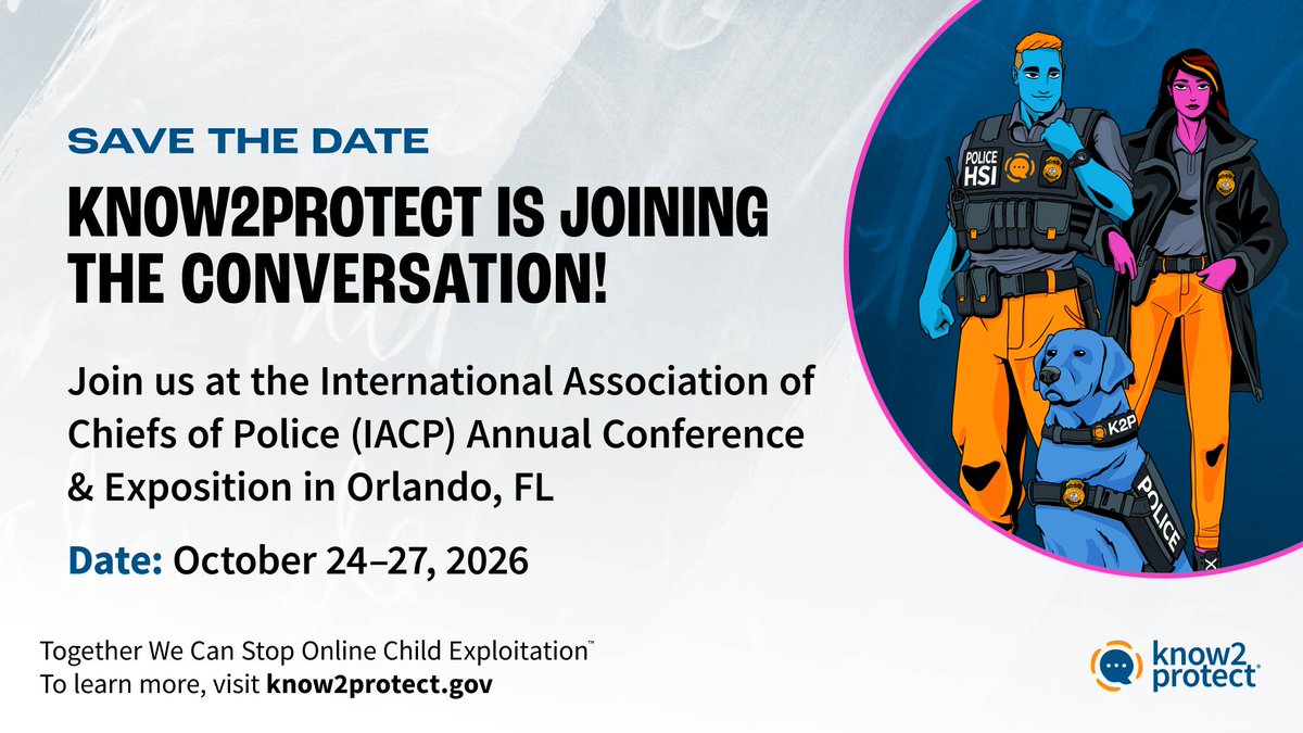 Know2Protect's tweet photo. The @TheIACP Annual Conference and Exposition is in Orlando this week, uniting #LawEnforcement leaders to prevent and combat crimes, including online child exploitation.  

Collaboration and innovation are key to protecting kids online, and we support those on the front lines! 

Follow us on Facebook and Instagram for expert guidance to help #KeepKidsSafe.