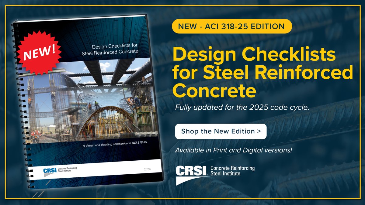 CRSI_tweets's tweet photo. With the shift from ACI 318-19 to the new 2025 ACI 318 Building Code, staying compliant matters more than ever. Order the Print, Digital, or bundled Print &amp; Digital package today. https://t.co/0HDxm4DCo1
.
.
.
#rebar #structuralengineering #StructuralEngineer #engineering  #DOT https://t.co/UR2Ep3rghI