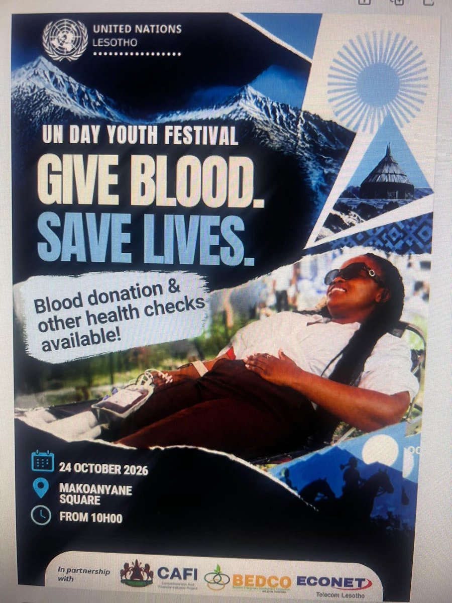 WHOLesotho's tweet photo. Give Blood, Save Lives 🩸

Are you an eligible blood donor? Your donation could make a life-saving difference.

Join us at the @UNLesotho Youth Festival for a blood donation drive.

📍 Venue:Makoanyane Square  
📅 Date:Saturday, 24 October  
⏰ 10:00 AM

One donation can save multiple lives. Be a hero, donate blood! ❤️