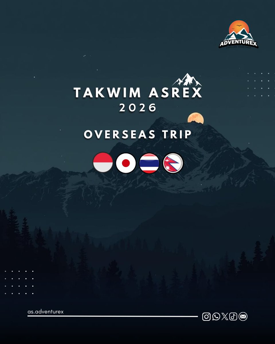 TheOnirim's tweet photo. TAKWIM OVERSEAS ASREX 2026 akhirnya keluar! Dari gunung ikonik hingga adventure bucketlist, travel dengan selamat, terancang dan penuh makna bersama ASREX. Open Trip &amp; Private Trip tersedia mengikut keperluan anda. Simpan dan kongsikan post ini. https://t.co/TdkudVsppe