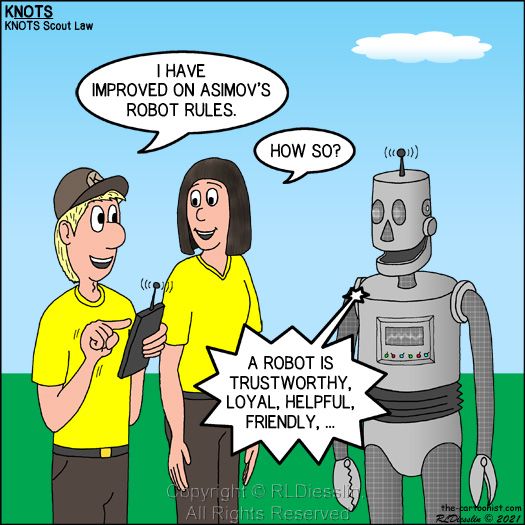 Cartoonist_Rich's tweet photo. Knots Scout Cartoon - Robot Code of Conduct - https://t.co/M9olEWU33h #KNOTS #cartoon #scout #robot #code #principles #law #TeePublic #RedBubble #CafePress https://t.co/J7GTQiTPPG