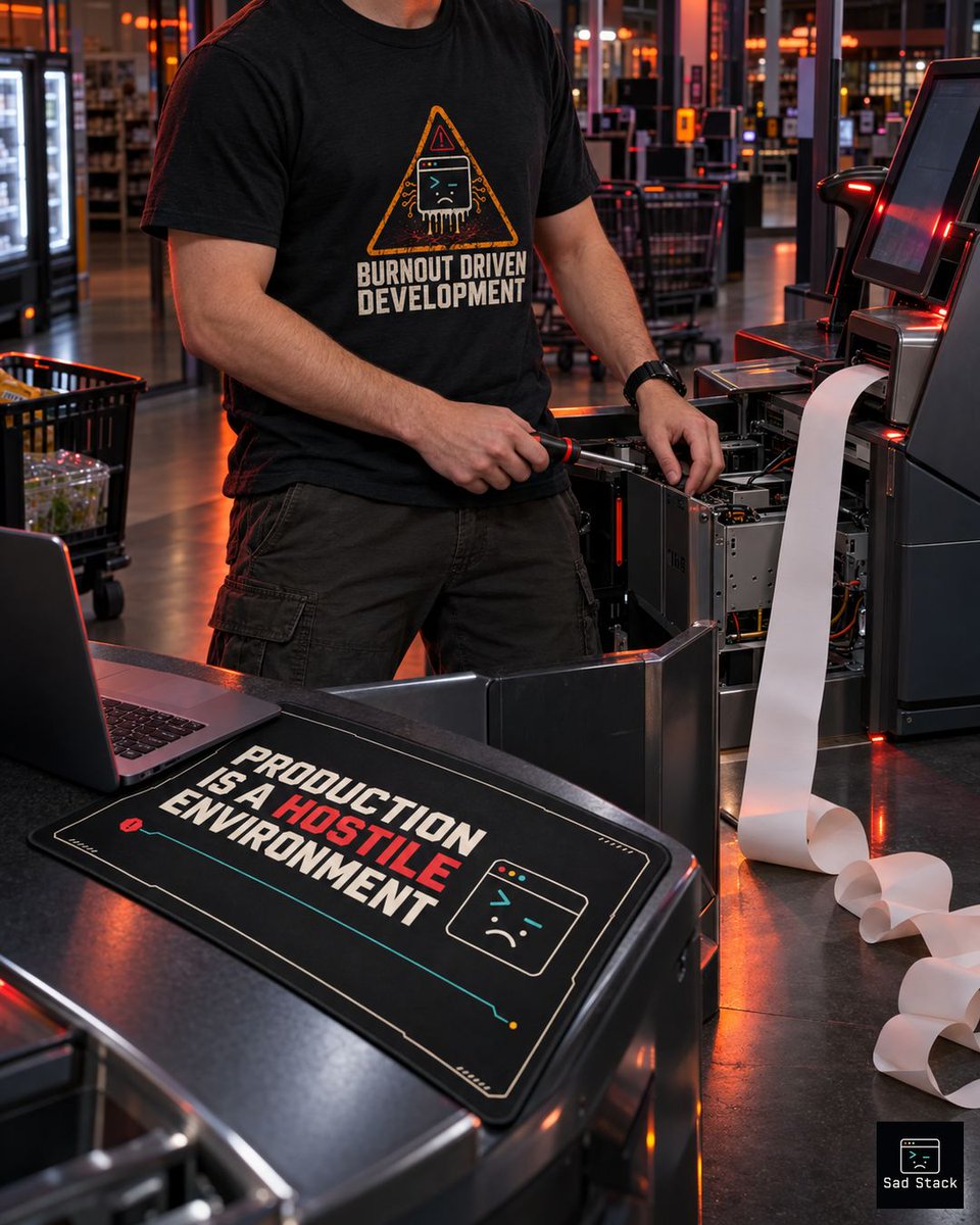 SadStackDev's tweet photo. Self-checkout printed a blank receipt for every retry. It reached frozen foods before I found the loop. The shirt says Burnout Driven Development; that seems fair. #DevHumor #CodingLife https://t.co/382A7NyLy7