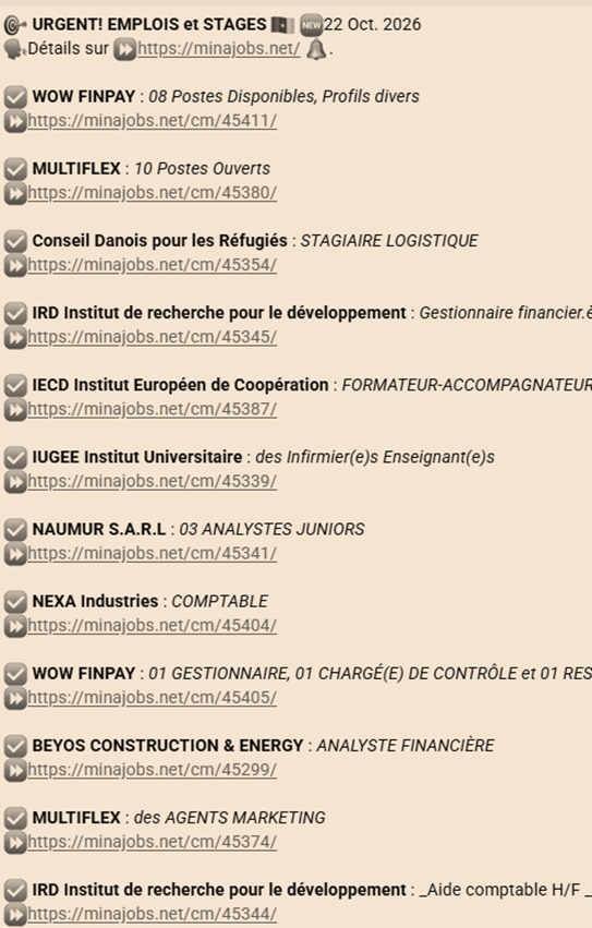 MinaJobs1's tweet photo. 🎯 URGENT! EMPLOIS et STAGES 🇨🇲 22 Octobre 2026🆕
Consultez le site Internet 👉https://t.co/yXgDSHWZPw pour les détails.
D'autres offres via 👇👇 
✅ Chaine WhatsApp : 👉https://t.co/FFDGKfFmmJ https://t.co/9gjNEoHSer