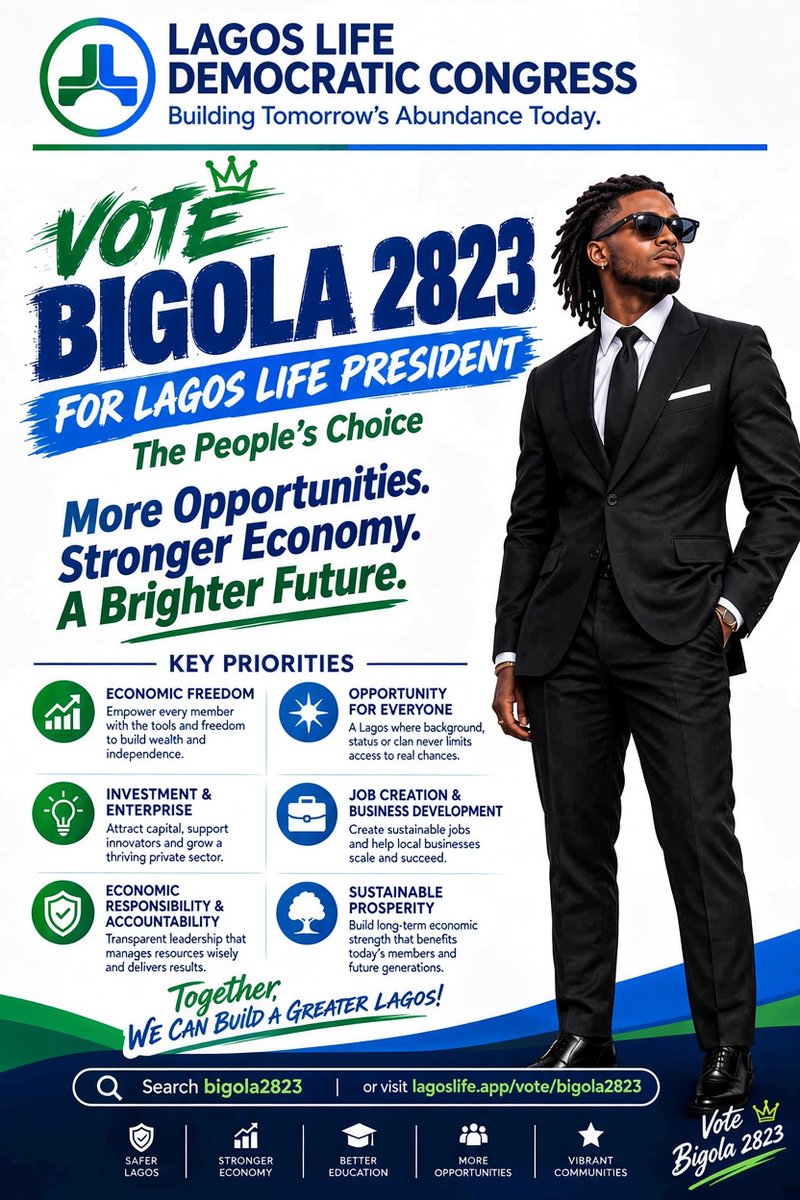 lldc_official's tweet photo. 👑💚💙 A LEADER. A VISIONARY. THE PEOPLE’S CHOICE.

The Lagos Life Democratic Congress proudly presents BIGOLA2823, our presidential candidate, whose presence at the top of the Benefactors & Patrons leaderboard reflects an outstanding achievement in the LagosLife community.

As we look towards the general election, we stand for a future defined by greater opportunities, a stronger economy, shared prosperity, and abundance for all.

The journey to a greater LagosLife begins with a vision. Together, let’s make that vision a reality!

🗳️ BIGOLA2823 FOR PRESIDENT!

LLDC — Building Tomorrow’s Abundance Today. 💚💙

#LLDC #Bigola2823 #PresidentialCandidate #LagosLife #BuildingTomorrowsAbundanceToday
#LagosLifePolitics
