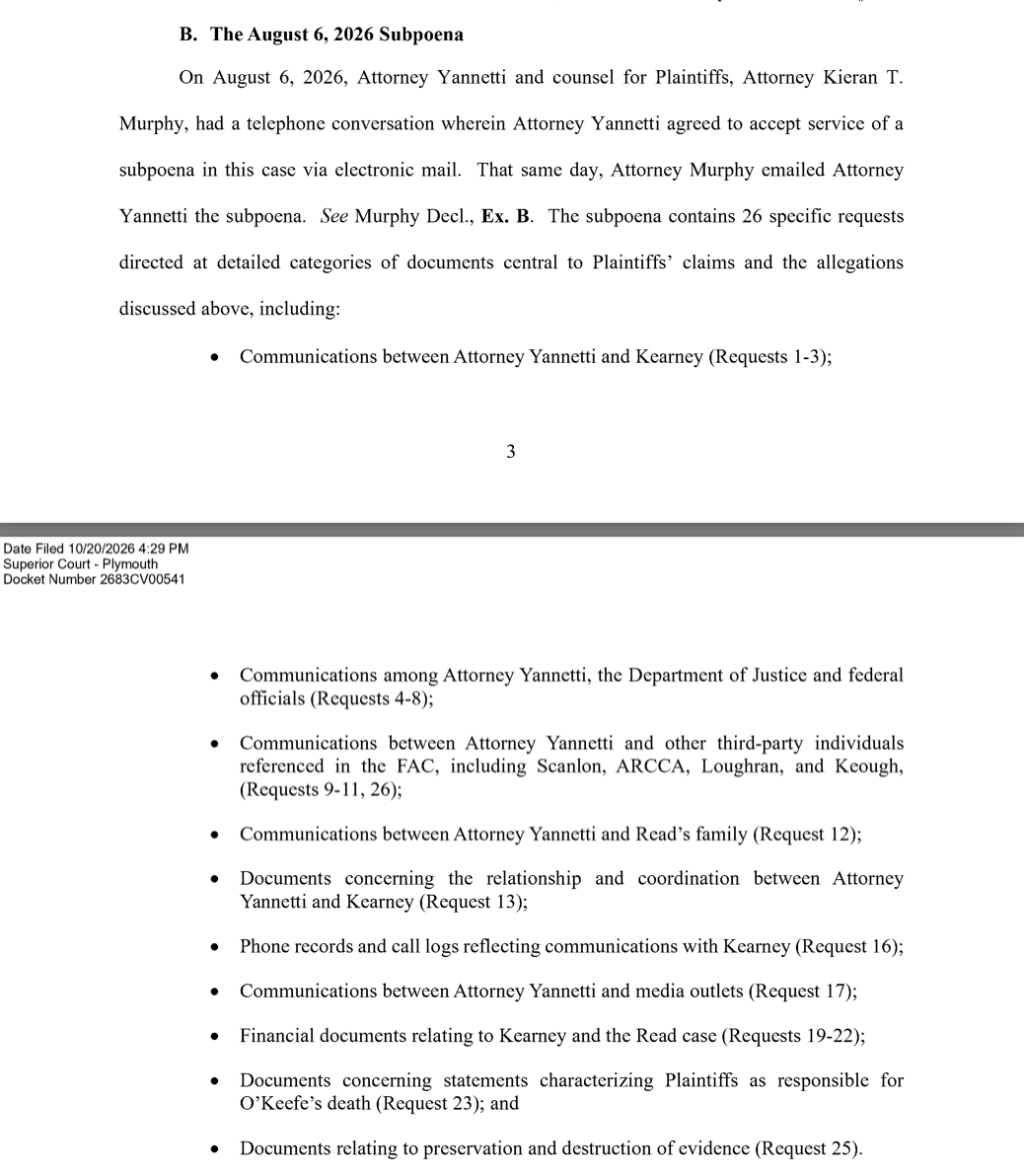 AnEagleEyedGirl's tweet photo. ⚖️McCabe, B. Albert, C. Albert, Higgins v. Karen Read & Aidan Kearney                        
(Defamation / Plymouth County, MA)

In a new filing requesting Karen Read lawyer David Yannetti comply with a August 2026 subpoena, it was revealed Alan Jackson has "no documents responsive to a similar subpoena because he DESTROYED any responsive documents."

(Yannetti's subpoena requests attached for reference.)