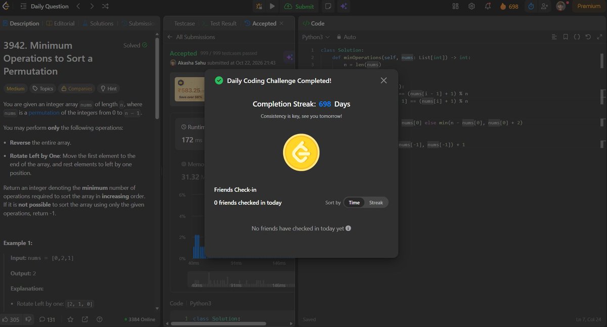 akashasahu07's tweet photo. Day - 698
Solved an array + permutation problem today ⚡
Explored reversals and cyclic rotations to find the minimum operations needed to sort a permutation, or determine when it's impossible.
#1000DaysOfCode #LeetCode #DSA #Python #Arrays https://t.co/KUjGfZTPZ9