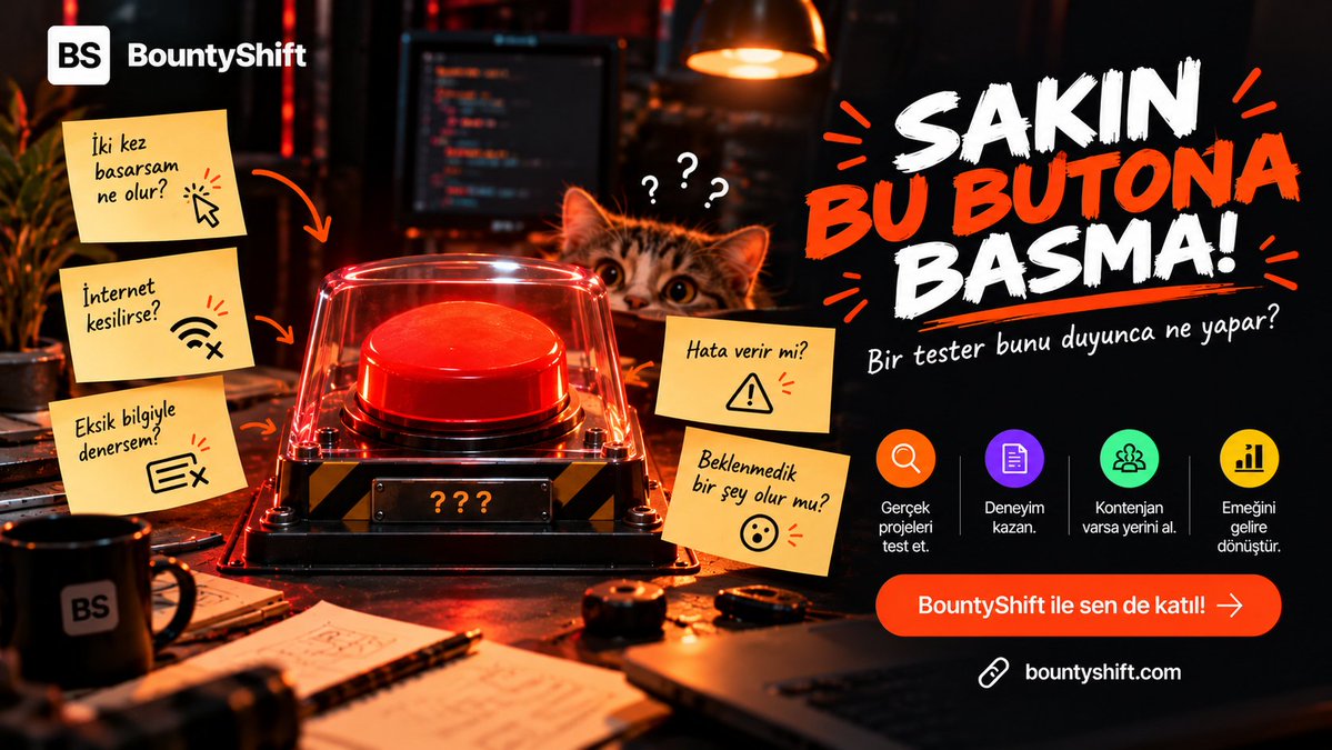 bountyshifts's tweet photo. 🚨 SAKIN BU BUTONA BASMA! 🔴
👤 Kullanıcı: “Tamam, basmam.”
🔍 Tester: “Peki iki kez basarsam? İnternet kesilirse?” 👀
💡 Herkes kullanır. Bazıları sorgular.
🚀 Merakını gerçek projelerde değerlendir!
👉 https://t.co/OqVONl7wA1
#BountyShift #SoftwareTesting https://t.co/3z6qeMGgi5