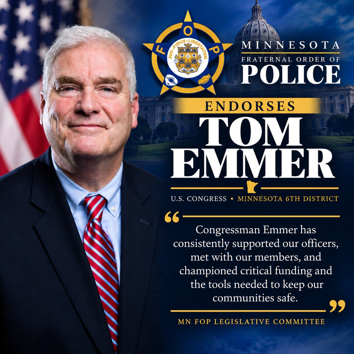 MNFOP's tweet photo. 🇺🇸💙 The Minnesota FOP proudly endorses Congressman Tom Emmer for reelection in MN-06!

His support for law enforcement, critical funding, and community policing demonstrates his commitment to keeping Minnesota communities safe.

#FOPStrong #MN06 @tomemmer @GOPMajorityWhip https://t.co/d6qvouwagi