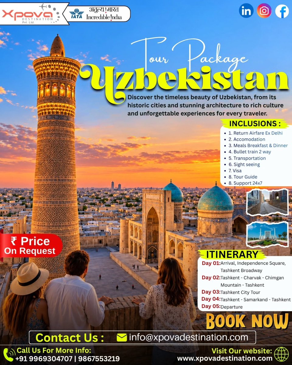 luzpacifico12's tweet photo. Discover Uzbekistan in 5 unforgettable days. Explore Tashkent, Charvak, Chimgan Mountains and Samarkand with Silk Road history, vibrant culture and breathtaking landscapes. Includes airfare, visa, accommodation, meals, transport and guided https://t.co/g6WIXxbht9