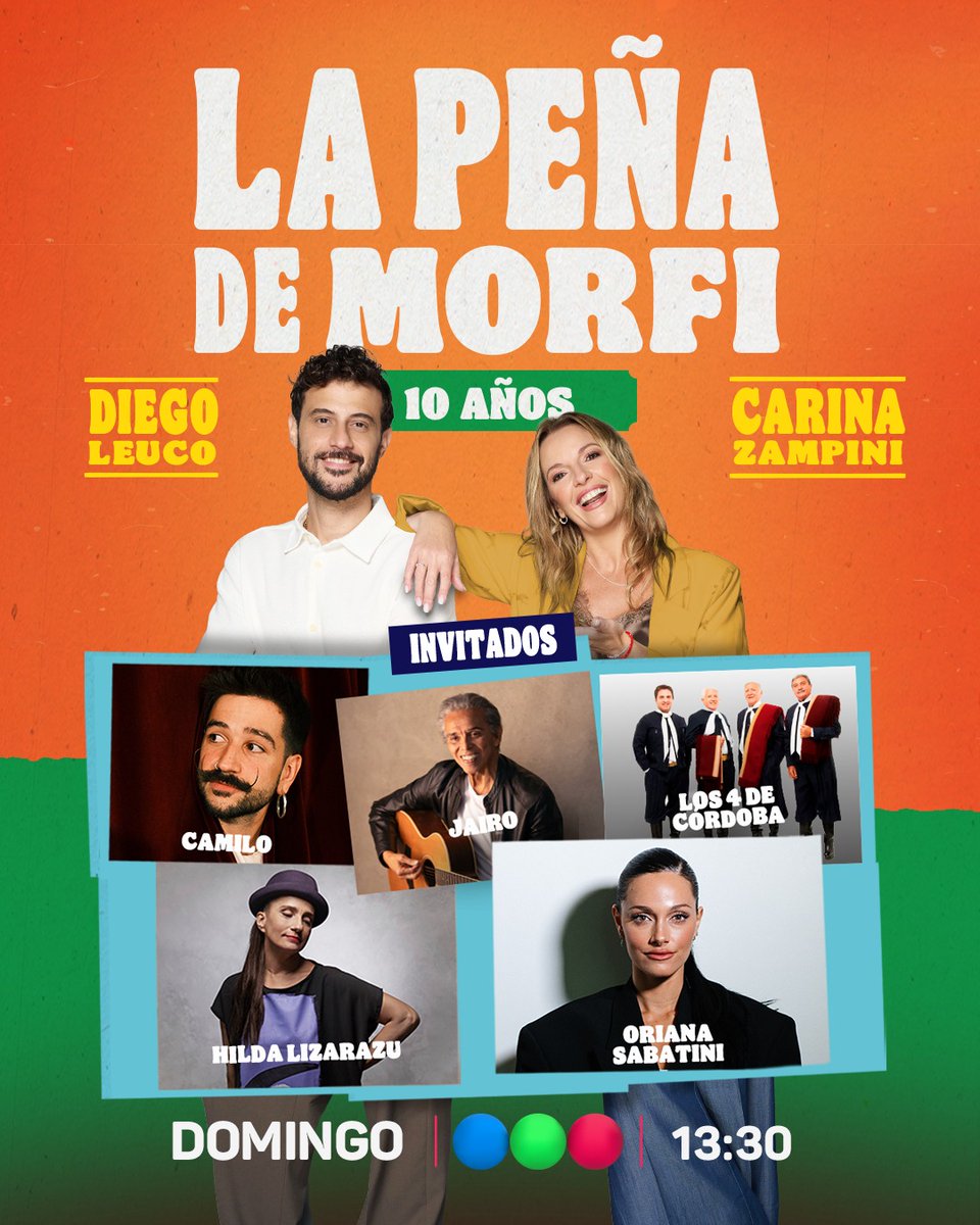 MorfiTelefe's tweet photo. 🤩​ Se viene un programa imperdible con grandes artistas y música en vivo para disfrutar juntos 🎉​

🎤 Camilo, Jairo, Los 4 de Córdoba e Hilda Lizarazu con shows increíbles

✨  Oriana Sabatini invitada de lujo

📺 Este domingo 13.30hs #LaPeñaDeMorfi junto a @diegoleuco y @ZampiniCarinaOk por Telefe
