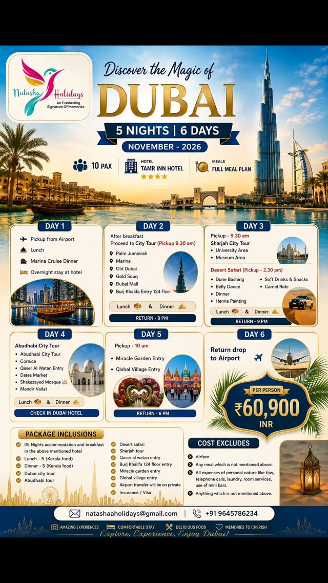urworldmyworld's tweet photo. From golden sands to iconic skies, your Dubai story begins with Natasha Holidays. Book your stay today. Contact Pavitha: +91 9645786234 https://t.co/dAhLMlAzAB
