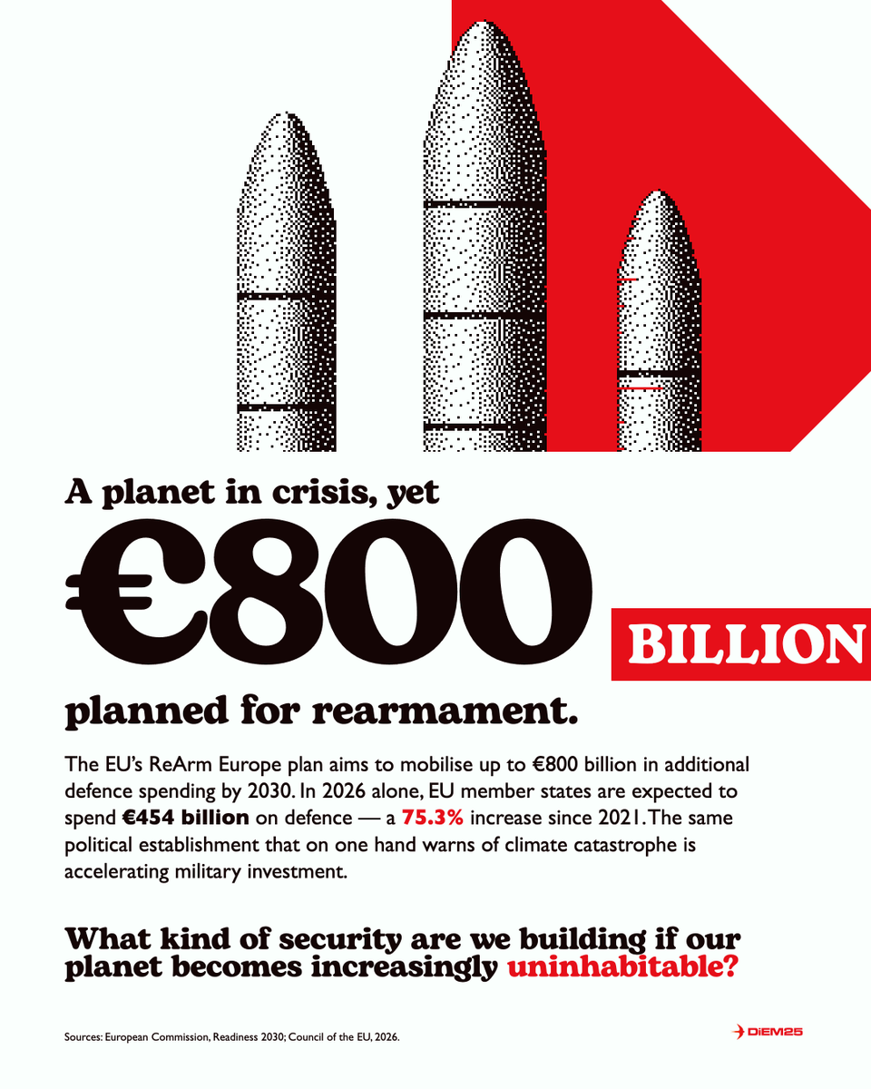 DiEM_25's tweet photo. The UN has raised the alarm: Staying below 1.5°C is no longer possible. Climate disasters are already uprooting millions, yet Europe is mobilising €800bn MORE for rearmament. What kind of security are they preparing us for on an increasingly uninhabitable planet? https://t.co/wrkLslSebd