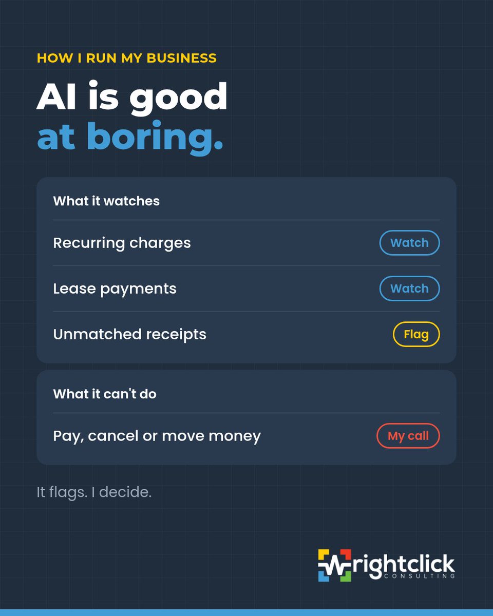mattwright75's tweet photo. My finance agent watches the boring stuff: recurring charges, lease payments, receipts that never got matched.

When something looks off, it flags it to me. It can't pay, cancel or move money. That's still my call.

AI is good at boring. https://t.co/3DKsgkHMs8