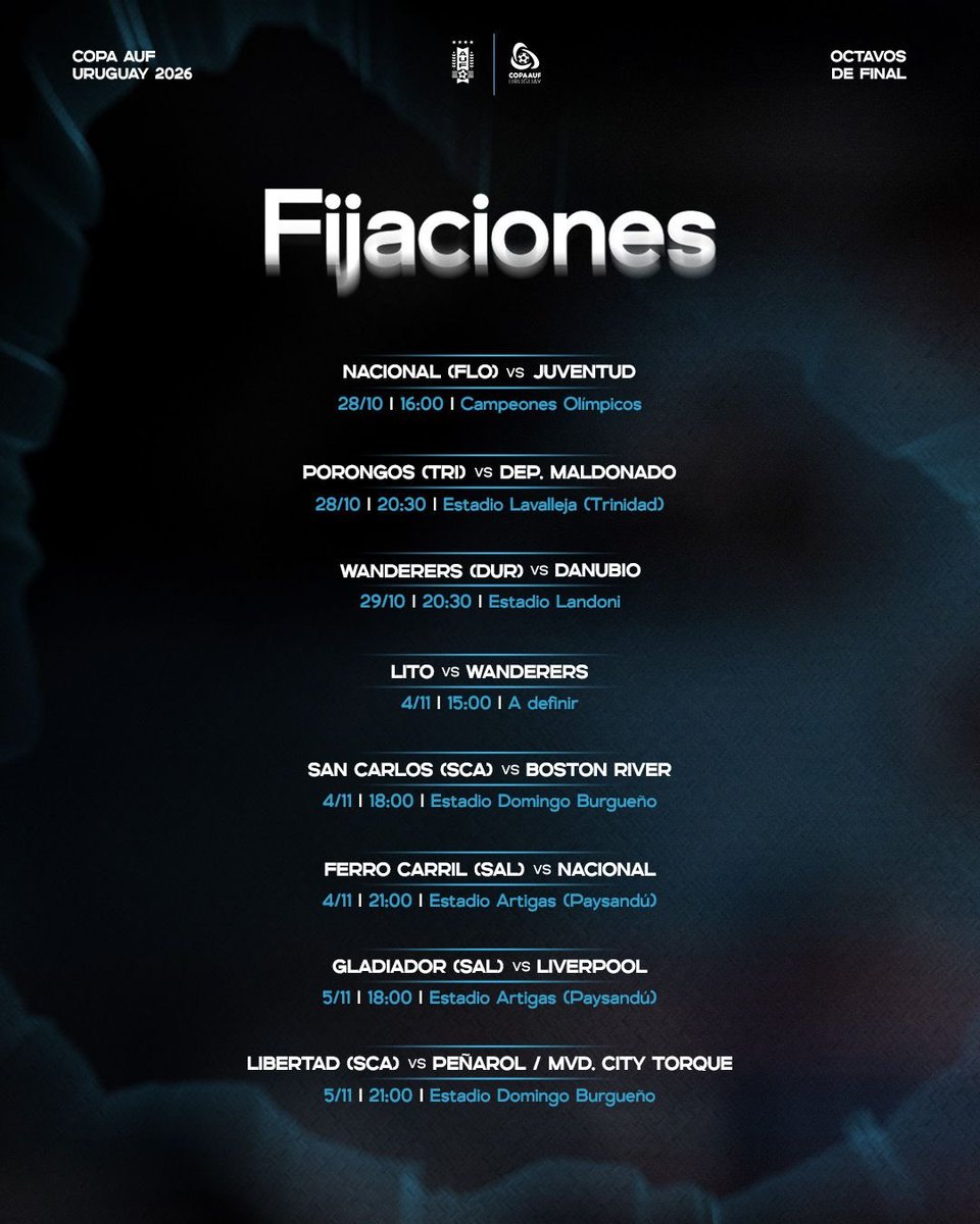 CopaAUFUruguay's tweet photo. 🔜 El camino de los octavos de final de la @CopaAUFUruguay 

#JuegaUnPaís https://t.co/xQqTAeztii