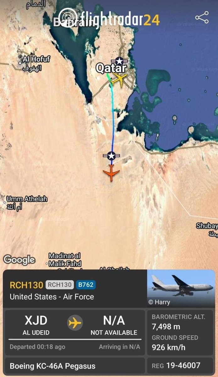 NecaForce's tweet photo. Several unusual flights have taken off from various bases in the Middle East, suggesting that the evacuation of assets may finally have begun.

A KC-46A refueling tanker and a C-5M heavy transport aircraft took off from Al Udeid Air Base in Qatar.

Another US Air Force C-5M departed Dubai in the United Arab Emirates shortly before, while a CV-22B Osprey took off from Abu Dhabi and is currently en route to US Navy vessels in the Arabian Sea.

Many of these flights are using the call sign "RCH." While this does not definitively confirm that they are evacuation flights, it is worth noting that escort missions over the Strait of Hormuz do not typically have a designated call sign.