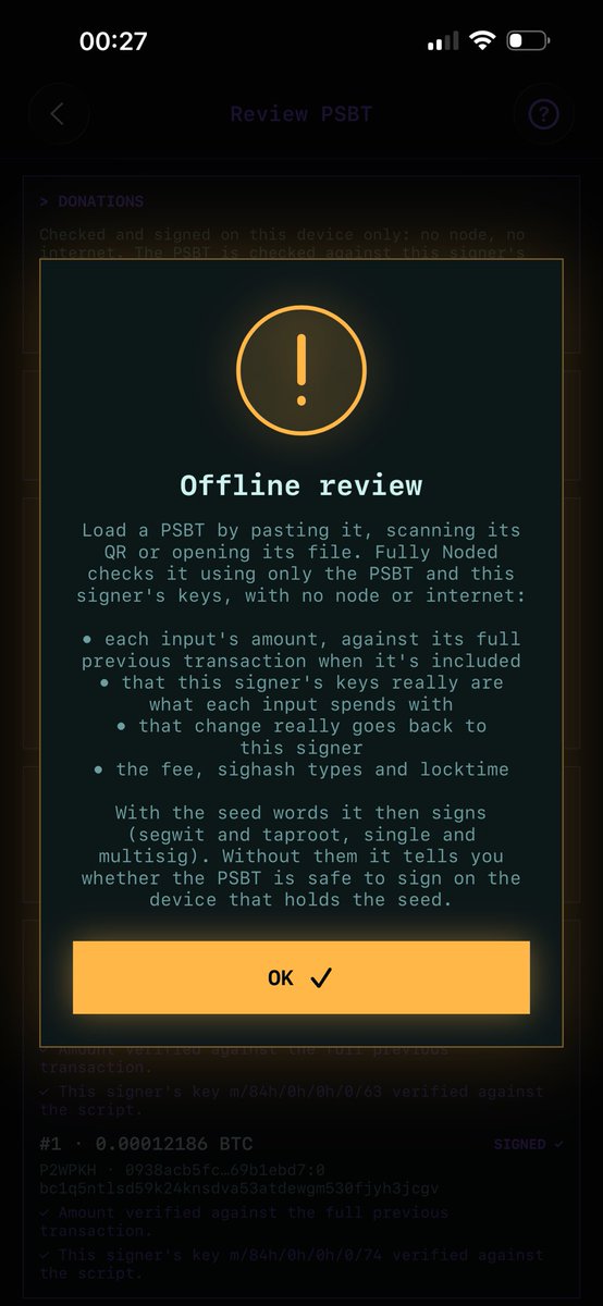 Fonta1n3's tweet photo. @FullyNoded now has pure HWW offline psbt signing functionality from the revamped signer view. 

Use your iphone as a HWW. No internet required. https://t.co/KXUZfvHYRW