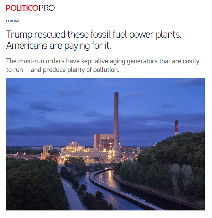 A news article graphic about aging fossil-fuel power plants, with a photograph of an illuminated industrial power plant beside a winding waterway at dusk. Text appears above the photograph.