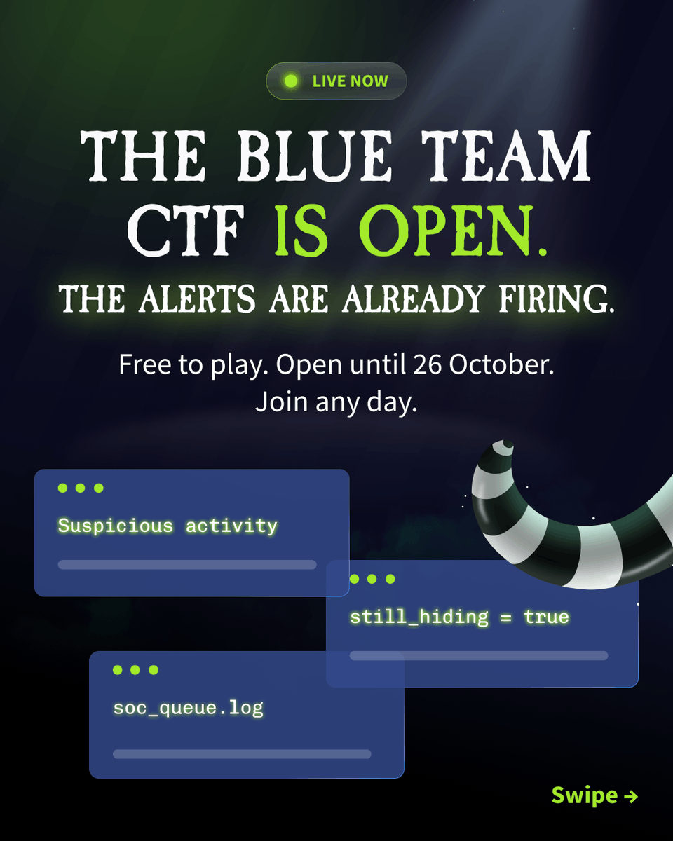 tryhackme's tweet photo. 🚨 WE ARE LIVE.The Blue Team CTF is OPEN! 👀 🔍 SOC simulations &amp; threat hunting 🤝 Solo or teams 🏆 $40K+ in prizes 💚 FREE to play
⏰ Closes 26 October. The SOC won't defend itself 👉 https://t.co/BXXS99Cx7q https://t.co/f6Ydmc7TM5