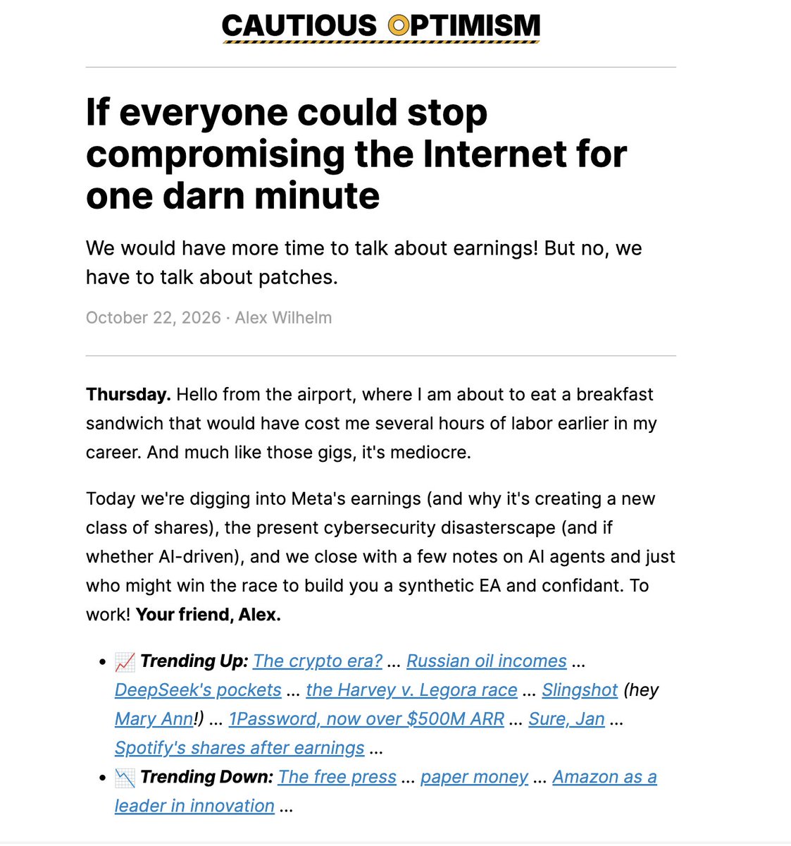 bayareawriter's tweet photo. It was a pleasant surprise to see my friend, @alex, give me (and my latest article) a shout-out in his excellent Cautious Optimism newsletter today! If you don't already, you should subscribe!

https://t.co/6fia5kG218
