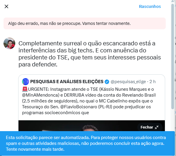 AndreASNetto's tweet photo. @pesquisas_elige @MinAMendonca @FlavioBolsonaro Agora o Twitter simplesmente está RESTRINGINDO REPOSTS aqui como se fosse spam. É inacreditável cara https://t.co/NtP1vHe9OX