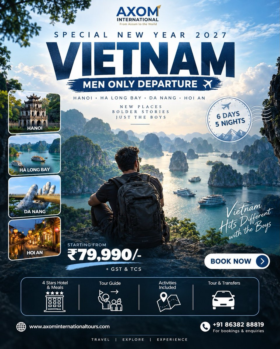 JanainaSensata's tweet photo. Vietnam Special New Year 2027 — Men Only! Hanoi, Ha Long Bay, Da Nang and Hoi An in 6 days/5 nights. 4-star hotel, meals, tours, transfers, guide and activities included. Starting from ₹79, 990 + GST &amp; TCS. Vietnam hits different with the boys. https://t.co/Vr8NPq6Tmb