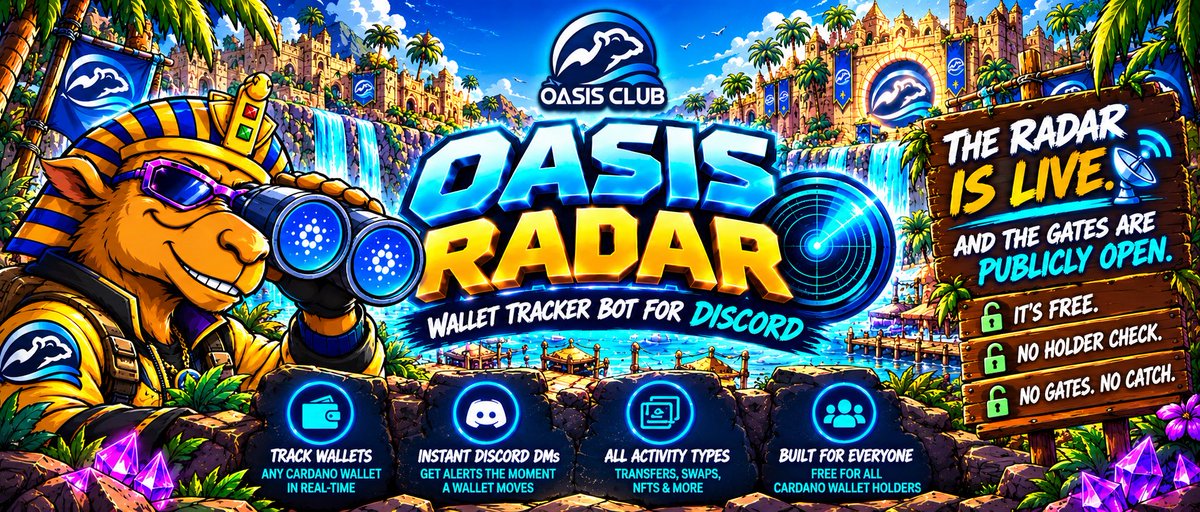 SiCkBrAiNwAlKeR's tweet photo. I don’t say this often, but I like how Oasis Club is built.

Free tools for the whole Cardano community, not just holders. Radar tracks wallets and DMs you on Discord when they move. The dev ships and talks to people.

219 camels left. If you want to back a builder who actually ships, mint yours here 🐪
https://t.co/3bzVfWkOV5
