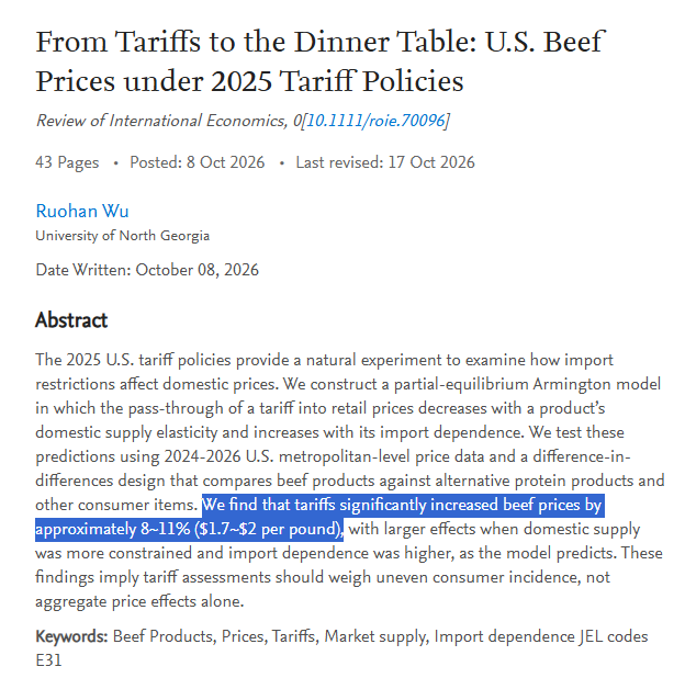 scottlincicome's tweet photo. Now here's a fun and timely paper, finding that Trump's 2025 tariffs increased US beef prices by as much as $2/lb.

Might be relevant over the next couple weeks, I dunno.
 https://t.co/8vN99rwVPX