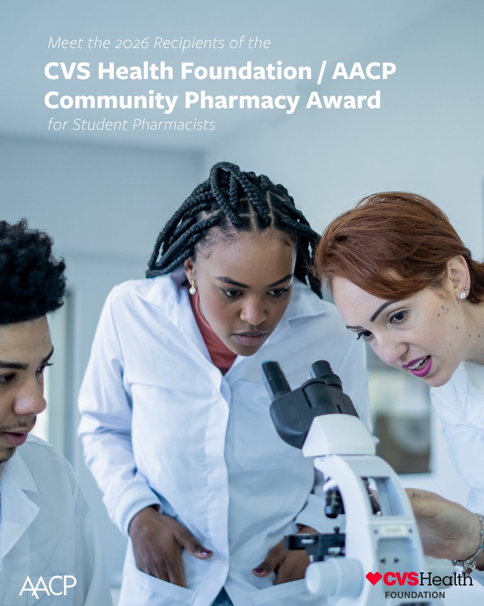 AACPharmacy's tweet photo. ๐ฅผ๐ The future of pharmacy starts now: Congratulations to the 21 recipients of the 2026 @CVSHealth Foundation/AACP Community Pharmacy Award for Student Pharmacists!
Each will receive a $20,000 scholarship to help reduce financial barriers as they pursue their #PharmD degrees. https://t.co/23bScARVP9