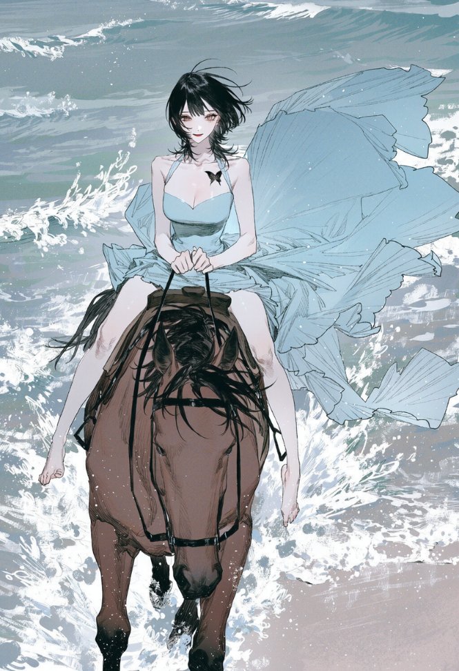 bla_JT_'s tweet photo. [𝓙𝓣 𝓹𝓻𝓸𝓶𝓹𝓽]

그 여름 바다

1people, solo, 4::wide shot, full body, brown horse, horseback riding, horse visible, sitting in a saddle, along the beach, holding the reins with both hands, excellent horse’s head::, bright cheerful smile, joyful expression, light blue dress, flowing dress billowing in the sea breeze, bare feet, horse walking along the shoreline, ocean waves, sandy beach, sea breeze, sparkling blue sea, bright sunny sky, refreshing summer atmosphere