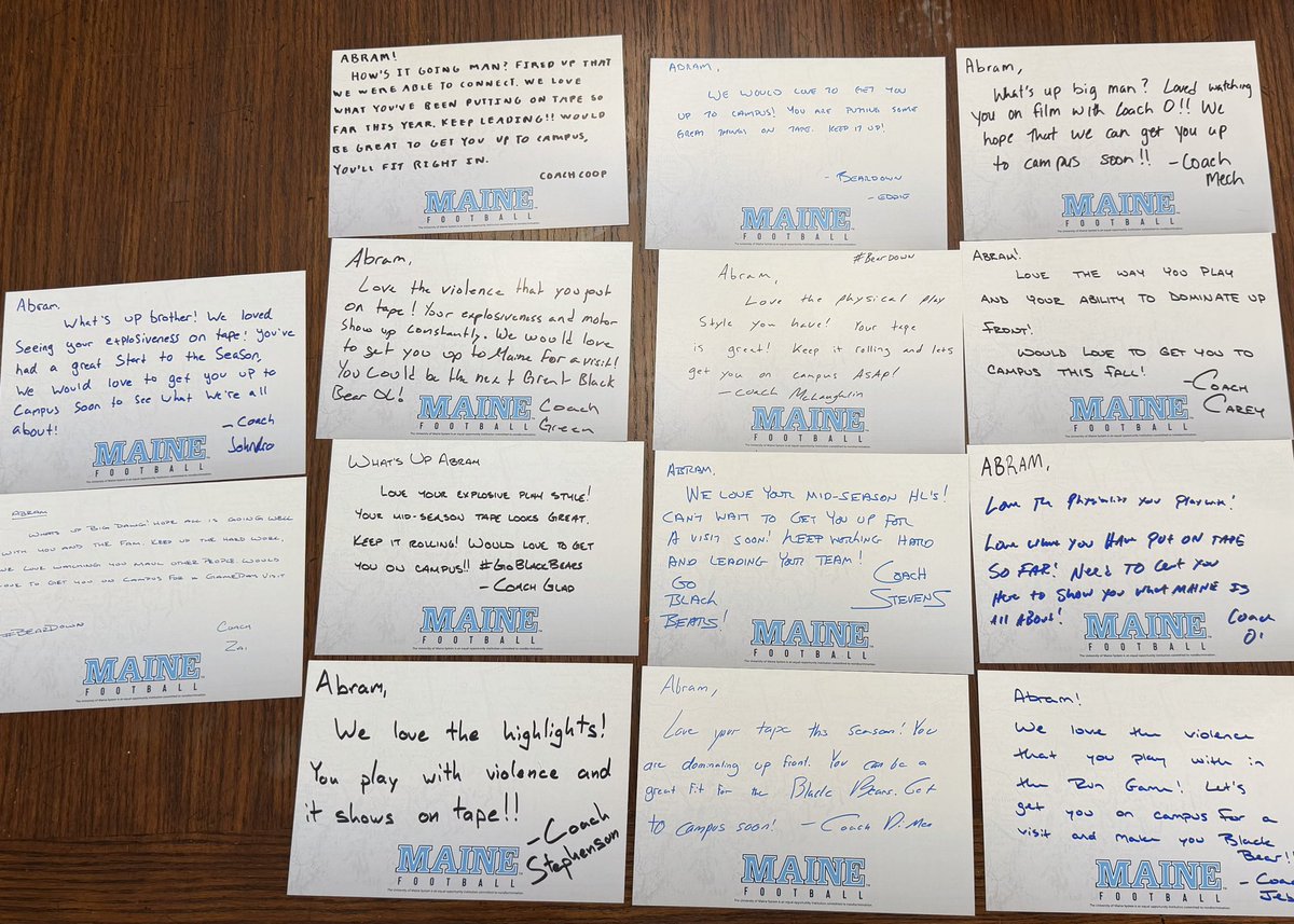 AbeKolody's tweet photo. Maine showing major love today! Extremely grateful to the coaching staff for taking the time to send these handwritten letters. Hard work paying off! Look forward to visiting Black Bear country soon!
Thank you  @BlackBearsFB @CoachStevensFB @Coach_DiMeo @Coach_SCarey @jamesohagan285 @stephenson_mcc @Coach_AjMc @BoudreauxJeb @CoachGlad @AmechieWalkerJr @Coach_Zai @spencermj22 @ed_duguie @CoachSeanGreen