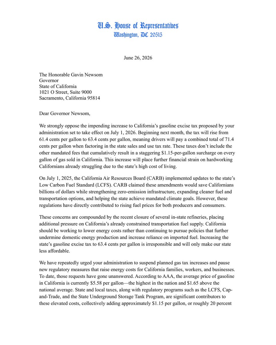 A photographed or scanned page of a formal letter from the U.S. House of Representatives, dated June 26, 2026, addressed to California Governor Gavin Newsom. The letter discusses opposition to a planned increase in California’s gasoline excise tax and related fuel costs. The page contains a blue letterhead and several paragraphs of black text.