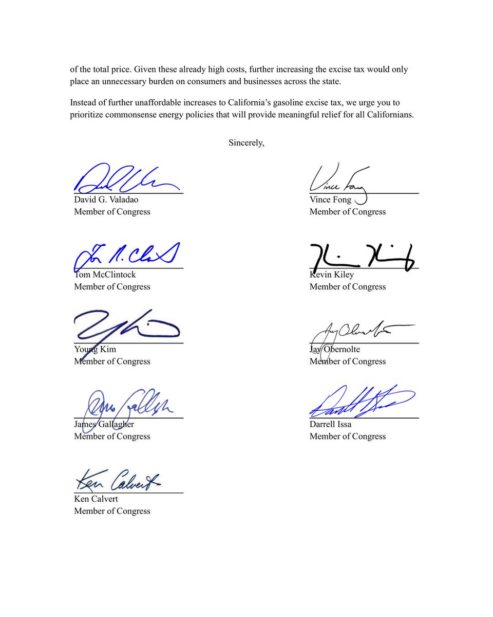 A page from a formal letter discussing California’s gasoline excise tax, followed by a closing and signatures from several members of Congress. The page contains printed text and handwritten signatures.