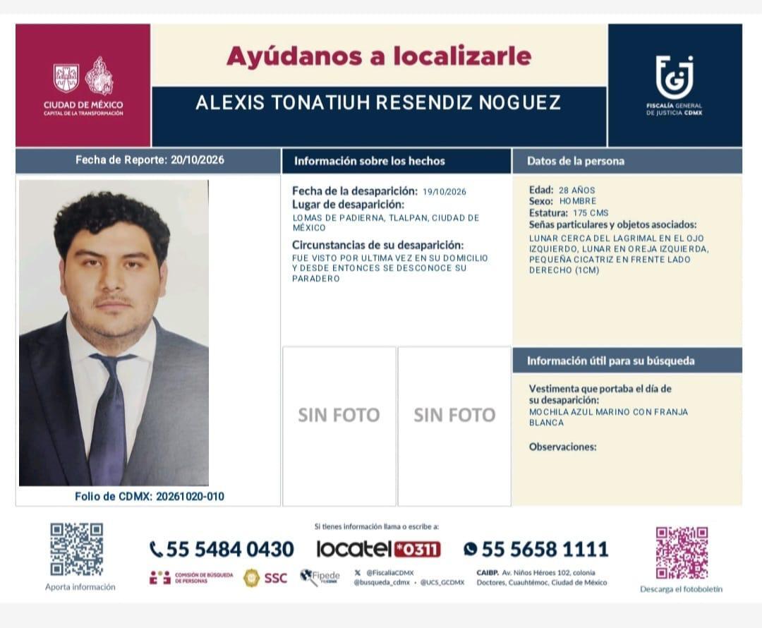AztecaNoticias's tweet photo. #DóndeEstá | Se solicita  ayuda para  localizar  a Alexis Tonatiuh Resendiz Noguez, de 28 años de edad.

Salió de su casa el día 19 de octubre  a las 7:50 AM fue la última vez que  se le vio, abordando  un vehículo de aplicación.

Llevaba  puesta una  chamarra gris oscuro, una mochila  azul marino con una franja  blanca.

Si tienes información que ayude a dar con su paradero, no dudes en acercarte a las autoridades.