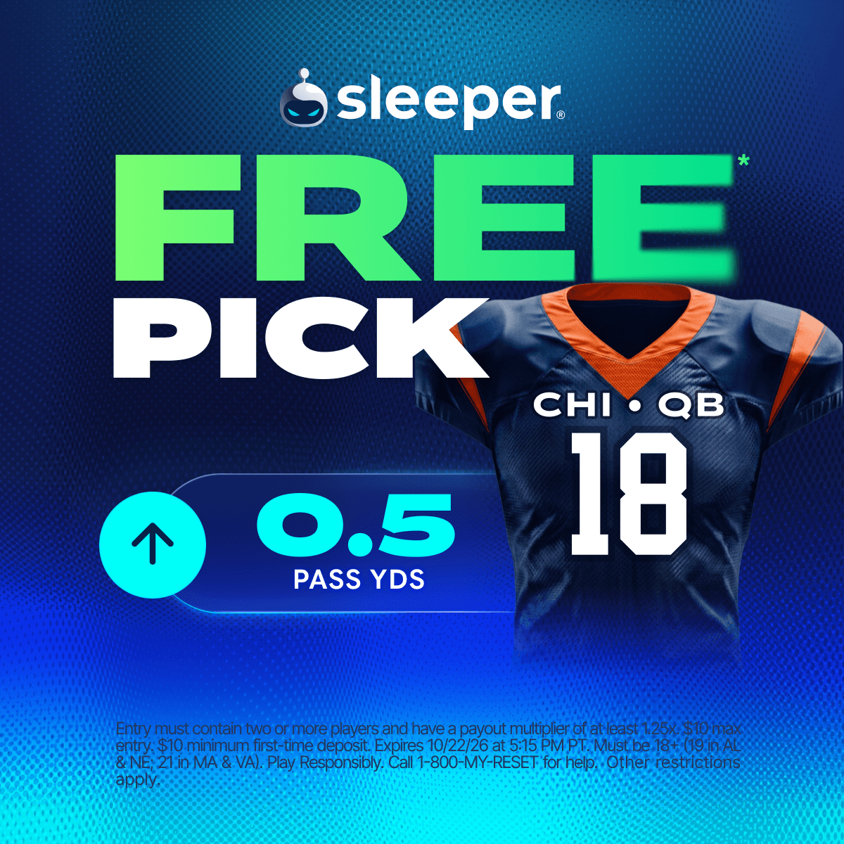cleatzdata's tweet photo. Caleb Williams OVER 0.5 pass yards. On the house.

New Sleeper users get this free pick for TNF. $10 min first deposit, the entry needs 2+ players, and the offer ends at kickoff.

https://t.co/pzmkwVnt4u

#ad 

18+ (19+ AL/NE, 21+ MA/VA). Terms apply. 1-800-MY-RESET https://t.co/QI4U68Xlth