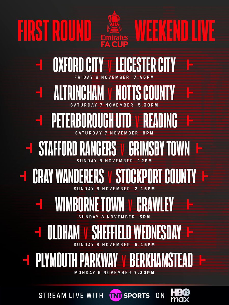 footballontnt's tweet photo. Eight HUGE FA Cup First Round ties coming your way 🏆🔥

All LIVE with TNT Sports on HBO Max 🍿 https://t.co/MRyKvo8rwQ