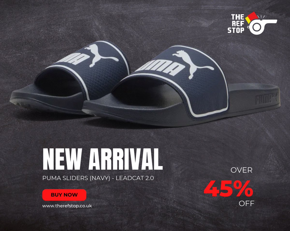 TheRefStop's tweet photo. 🔥🩴 NEW ARRIVAL &amp; ALREADY ON SALE!

The PUMA Leadcat 2.0 Sliders in Navy have landed at The Ref Stop! 🙌

💥 WAS £24 – NOW JUST £12.50!

That's over 45% OFF! Perfect for relaxing after matchday! ⚽

🛒 SHOP NOW:
https://t.co/g2n6DOx3eZ https://t.co/dOKnVAcf7u