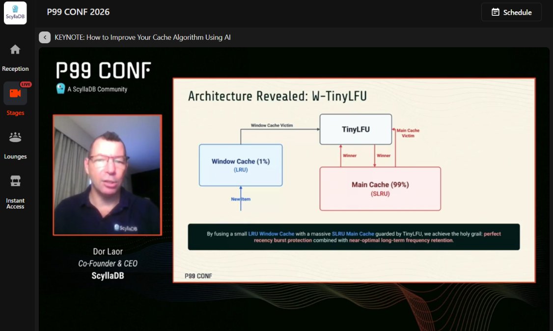 Md_mudasser's tweet photo. Can AI improve cache algorithms? 

@DorLaor keynote explored W-TinyLFU, combining LRU and SLRU to balance burst protection with long-term frequency.

Key takeaway: Smarter cache admission can improve hit rates and protect performance during scans.

@P99CONF  @ScyllaDB 
#P99CONF https://t.co/rDYs6DMvo8