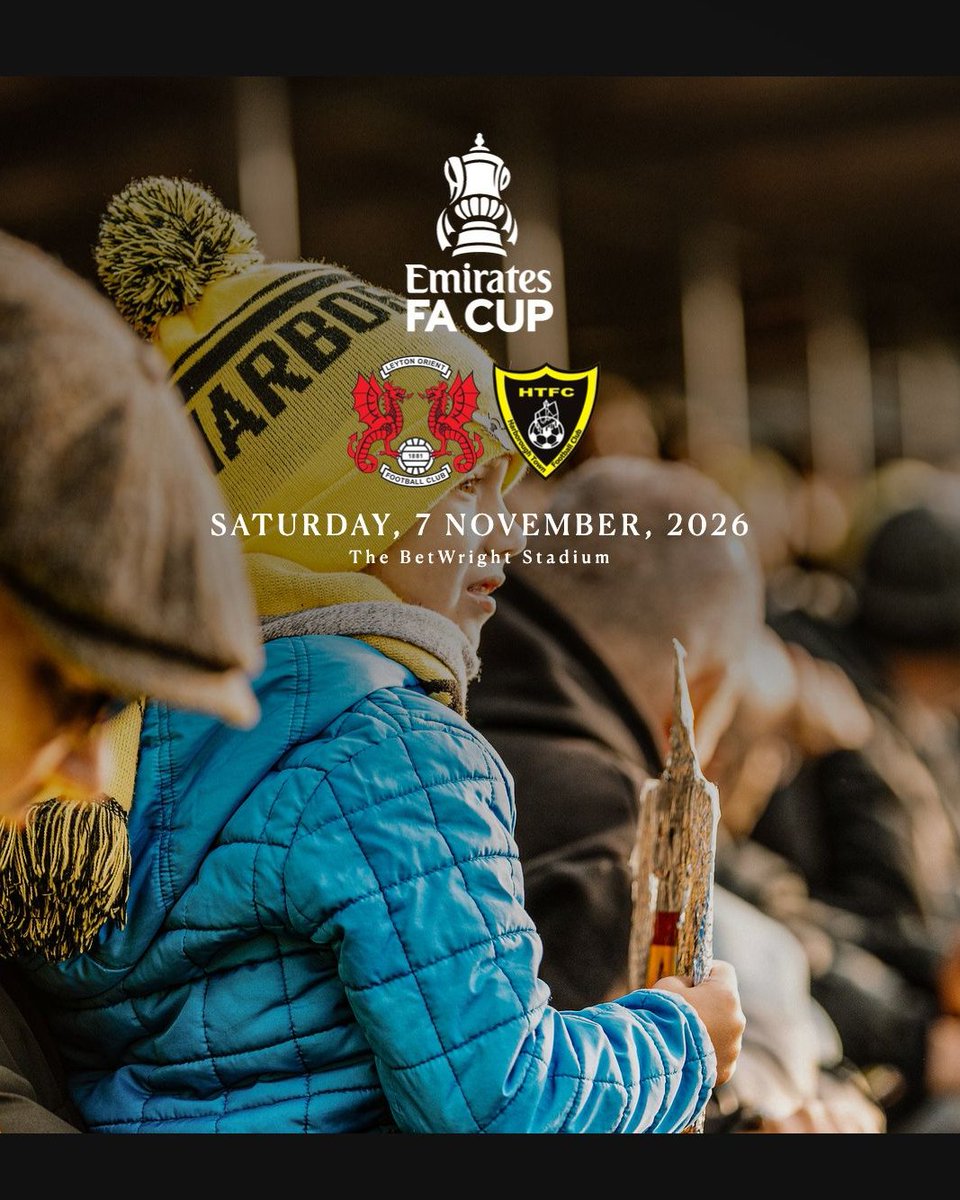 HarbTownFC's tweet photo. Fixture Confirmed. 🏆

The Bees will travel to Leyton Orient on Saturday 7 November for our Emirates FA Cup First Round Proper tie. 🐝

📅 | Saturday 7 November 2026
⏰ | 3.00pm Kick-Off
📍 | BetWright Stadium, E10 5NF

Ticket and coach travel information will follow in due course.