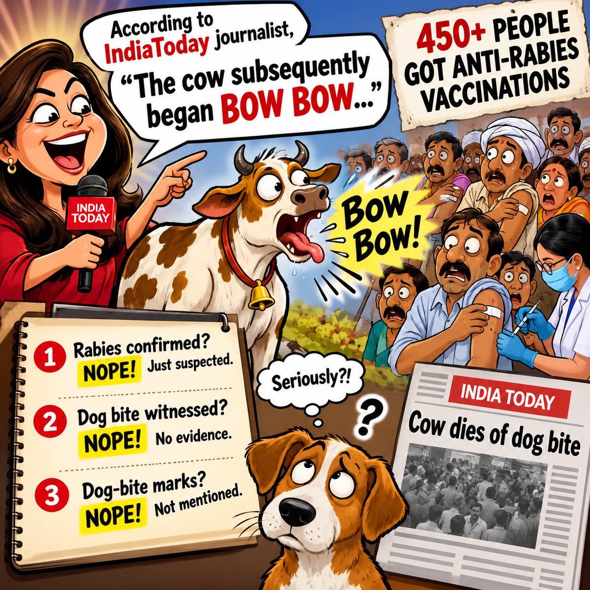 HoomanDecoder's tweet photo. BREAKING NEWS: According tp @IndiaToday  cow allegedly started BARKING in India, and apparently, 1,000+ Dog haters forgot how to THINK! 🤡😂

According to @IndiaToday, 450 people from two villages in UP received anti-rabies vaccinations after consuming charanamrit made from the milk of a cow died of having rabies.

But the real comedy begins here! 🍿

The headline screams: "Cow dies of dog bite!"

Meanwhile, the actual article:

🔴Rabies confirmed? NOPE! Just suspected.
🔴Dog bite witnessed? NOPE!
🔴Dog-bite marks or scars evidence? NOPE!

But somehow, the dog has already been declared GUILTY! 😂

And then comes the Oscar-winning line from the journalist:

"The cow subsequently began barking..." 💀🤣

BARKING?! Seriously?!

Did the cow suddenly learn a new language? Was it preparing for an audition for Paw Patrol? Or did the journalist personally interview the cow and hear it say "BOW BOW"? 

At this point, I am more interested in getting the journalist tested for common sense than finding out whether the cow had rabies! 😂

And the funniest part? Over 1,000 people apparently believed this without questioning anything!

No confirmed rabies. No documented dog bite. But somehow, the dog is the villain of the story!

Dogs are intelligent animals. Unfortunately, they can't teach critical thinking to everyone! 🤣

Dear @IndiaToday, next time a cow starts barking, please record it. We might finally have a scientific breakthrough: India's first bilingual cow! 💀

Until then, perhaps try journalism instead of writing scripts for a comedy show! 🤡😂

#AWBI #CCSEA #AnimalCruelty #AnimalRightsIndia #AnimalExperimentation #Accountability #StopAnimalCruelty #AnimalRightsIndia #CCSEA #ProtectAllAnimals #StopAnimalCruelty #AnimalRightsIndia #StopAnimalTesting #SignThePetition #AnimalExperimentation #StopAnimalCruelty #AnimalRightsIndia #CCSEA #AnimalWelfare #ProtectAnimals #StopAnimalCruelty #AnimalTesting #AnimalRightsIndia #SayNoToAnimalExperimentationBill #StopAnimalTesting #AWBI #ProtectAnimals #AnimalWelfare @indSupremeCourt @CJP_for_India
@WhiteCoatWaste @CrueltyFreeIntl @peta
@ShalinGala @StopCamarles @DogDeskAction
@humaneworldorg @PCRM @AnimalDefenders
@rise_foranimals @ReplAnimalRes @AFR_UK
@SigneSol0 @Maleficentlady2 @PoliAnimalClass
@Sharzard5 @PieterseMarc @JohnOberg
@PhaedraXTeddy @ev_edward2 @teamveganfta
@pepe_nature @AdoptionsUk @Veganella_ 
@RobRobbEdwards @iawpcoalition @WeAreNotFood @MyVegan_Reach @EllieCG11 @GreenPillPack
@helene_hebbel @CliMate_HEAL @CarlaCo92330391
@YvonneHooper20 @AnimalsRadio @KieraLawley
@ChiweenieT14381 @THaPriYa123 @JahnaviIyer
@dilthi_gujarati