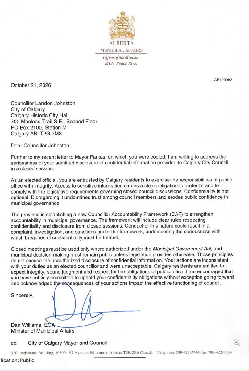 Landonforward14's tweet photo. Minister Williams wrote to me about the early release of the September budget documents from a closed session.

I will always accept the consequences of informing the public and keeping them in the budget process. Will the Mayor and administration accept the consequences of hiding non-confidential tax-dollar spending from them? I still fully invite the Minister to investigate my release of information, as well as every other complaint of leaks involving all council members, including the Mayor’s current term and his term as councillor.

What I released was not confidential information and it was not a wish list. It was the basic budget numbers for essential services that Council asked administration to prepare so we could prioritize spending. Administration delivered the figures. The fear that followed was about making hard choices in public.

The Mayor’s rhetoric about personal safety or police risk is manufactured. Nothing confidential was leaked. The public simply saw the real costs the Mayor and administration did not want them to see. His response to my admission was not consistent with how he reacted when made aware of other council members leaking actual confidential information. I’m not afraid of that scrutiny. I’m afraid of a city so unaffordable that people leave.

Would I have done the same thing if I could go back? 100%. At the time it needed to be done to keep the taxpayers in the process and to bring awareness to the abuse at city hall. The Mayor’s response has put a major black cloud on future whistleblowers with his reliance on control and intimidation. Advice from one of my colleagues was next time just do what everyone else does and don’t admit it.

To those angry or who disagree with my actions: I hope you can still appreciate that, if I can help prioritize spending, you get to be angry toward me while using safer streets, reliable transit, clean water, and working sewers. Those basics are the priority. Secretly pricing people out of the city for vanity projects is not.