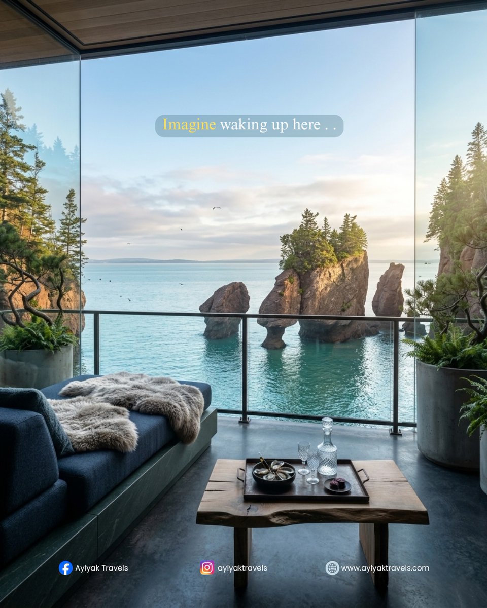 dAnIeLABuUuUU's tweet photo. Waking up where the world’s highest tides meet serene luxury. Watching mist clear over the Bay of Fundy’s flowerpot rocks feels surreal. Where would you wake up tomorrow: 1, Bay of Fundy or 2, Bora Bora? https://t.co/wbYmJ2LgtH