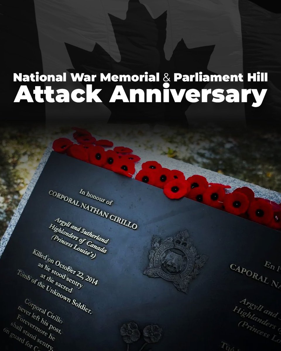 nspc's tweet photo. On this day, we remember Corporal Nathan Cirillo and Warrant Officer Patrice Vincent, who lost their lives in the 2014 attacks on Parliament Hill and the National War Memorial.

Their courage and sacrifice for Canada will never be forgotten. 🇨🇦 https://t.co/bl2fPIgAXq