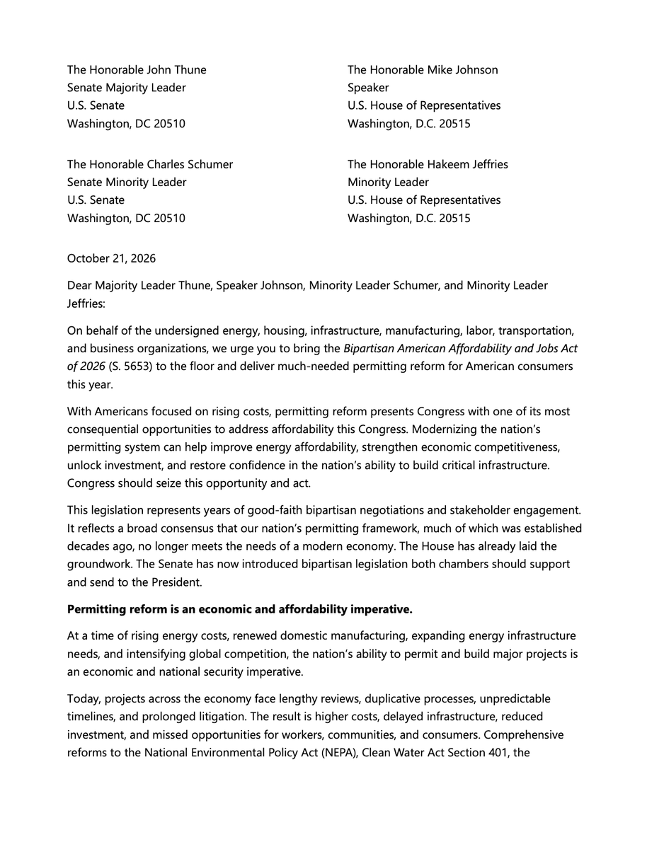 TheAXPC's tweet photo. Enacting durable permitting reform is one of the most consequential steps Congress can take to make life more affordable.

Today, we joined a broad coalition of over 100 organizations urging Congress to pass the Bipartisan American Affordability and Jobs Act this year.

For more ⬇️ https://t.co/yz2uKtAE8g